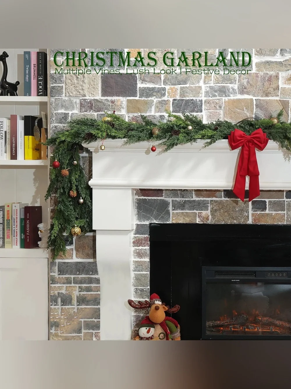 6 Feet Christmas Garland Decorations - Real Touch Cedar - Free LED String Lights